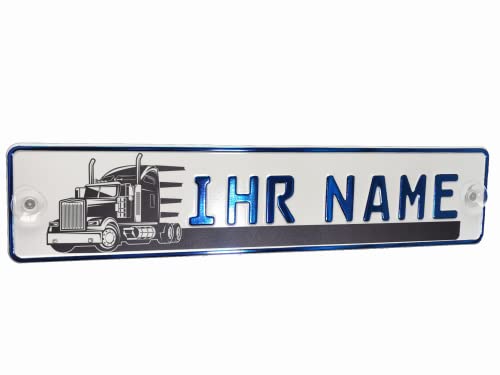 LKW Truck Fahrerschild Schild Namensschild mit Name oder Text Funschild Fun Schild Wunschtext AUTO Trucker Car Blau, Geburtstag Geschenk von Melsaro