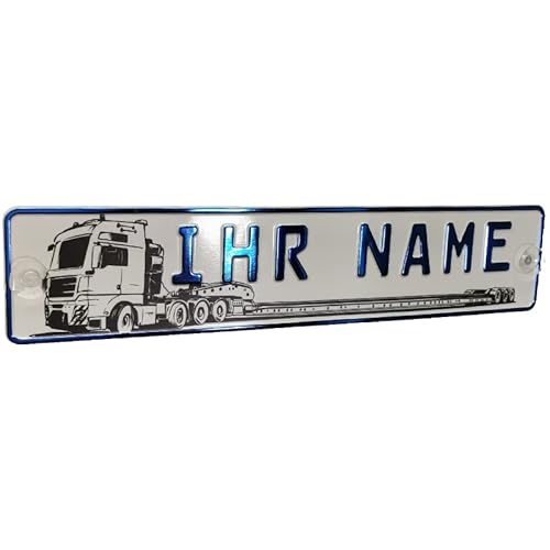LKW Truck Fahrerschild Schild Namensschild mit Name oder Text Funschild Fun Schild Wunschtext AUTO Trucker Blau Metallic, Geburtstag Geschenk von Melsaro