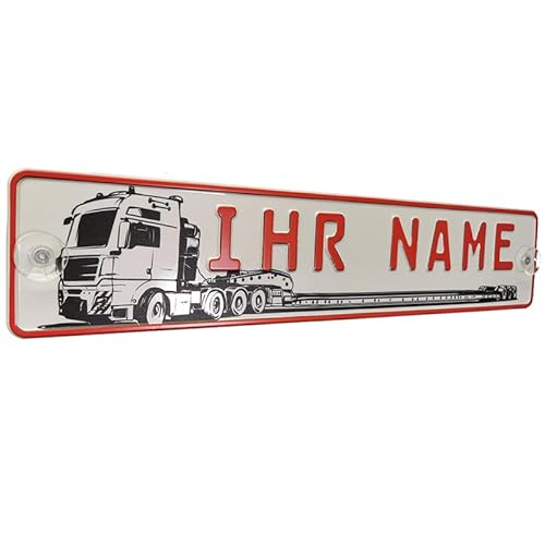 LKW Truck Fahrerschild Schild Namensschild mit Name oder Text Funschild Fun Schild Wunschtext AUTO Trucker Car Rot Geburtstag Geschenk von Melsaro