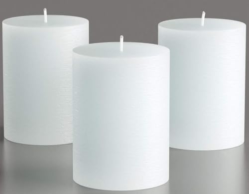 Melt Candle Company Set 3 Weißen Stumpenkerzen ohne Duftstoffe Größe 7,5 x 10cm für Hochzeiten, Restaurants, Wohnungsausstattung, Wellness, Kirche rauchfreier Baumwolldocht von Melt Candle Company