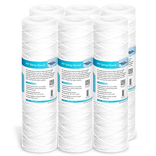 Membrane Solutions 10" Sediment Wasserfilter, Wickel Kartusche für Umkehrosmose, Wasserspeiseleitung & Partikelfiltration, Ersatzkartusche für universelles 25,4 cm RO-System - 20 Micron, 6 Stück von Membrane Solutions