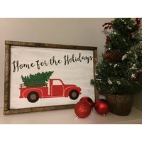 Heimat Für Die Feiertage. Roter Lkw. Urlaub Dekor. Weihnachtszeit. Handgefertigt. Handpainted. Rustikale von MemesonMainStreet