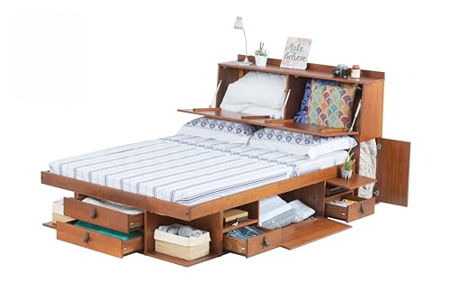 Bett mit Stauraum 160x200 + Funktions-Kopfteil + Lattenrost: Set Bali Karamell. Doppelbett und Kopfteil aus massiv Holz Kiefer mit viel Stauraum und Bettkasten, ideal f. kleine Schlafzimmer von Memomad