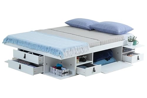 Funktionsbett Bali 140x200 Weiss - Schrankbett mit viel Stauraum u. Schubladen, optimal für kleine Schlafzimmer - Bett mit Aufbewahrung aus MDF Weiss lackiert – Schubladenbett inkl Lattenrost von Memomad