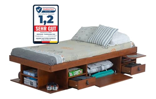 Funktionsbett Bali 90x190 Karamell - Schrankbett mit viel Stauraum u. Schubladen, smart Bed für kleine Schlafzimmer - Bett mit Aufbewahrung aus Kiefer Massivholz – Einzelbett inkl. Lattenrost von Memomad