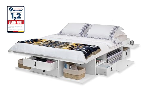 Funktionsbett Bali 180x200 Weiss - Schrankbett mit viel Stauraum u. Schubladen, optimal für kleine Schlafzimmer - Bett mit Aufbewahrung aus MDF Weiss lackiert – Schubladenbett inkl Lattenrost von Memomad