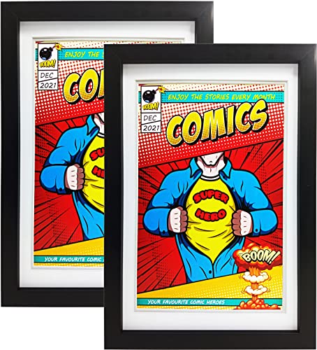 Memory Keeper Comicbuch-Rahmen, 2er-Pack, UV-Schutz, passend für aktuelle Comics bis zu 16,5 x 26,7 cm, Wand- oder Tisch-Display, Federklammern (schwarzer Rahmen, weiße Matte, 2) von Memory Keeper