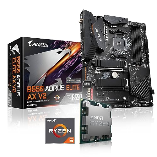 Memory PC Aufrüst-Kit Bundle AMD Ryzen 5 5600 6X 3.5 GHz Prozessor, GIGABYTE B550 AORUS Elite AX V2 Mainboard (Komplett fertig zusammengebaut inkl. Bios Update und Funktionskontrolle) von Memory PC