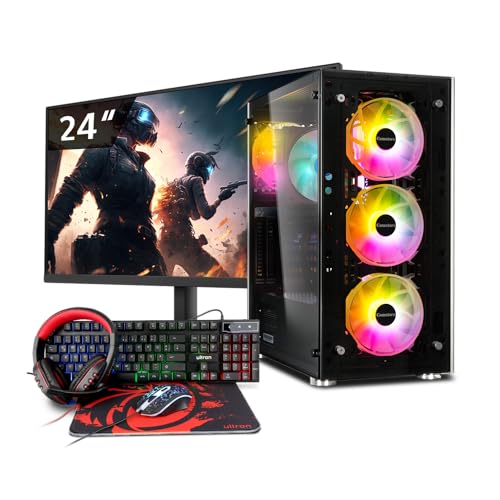 Basic Gaming Komplett PC Set AMD Ryzen 3 3200G, 16 GB DDR4, 1000 GB SSD M.2, Win 11 Pro 64bit + 24 Zoll Monitor + Tastatur, Maus, Headset Bundle von Memory PC