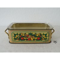 Vintage Pyrex Klarglas Backform 1.5Qt Mit Teleflora Fruit Gemüse Print Metallgriff Halter von MemoryOriginals