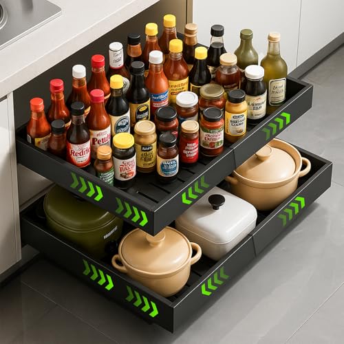Memows Teleskopschublade 2 Stück Ausziehbare Schublade Küche mit Kleber, Ausziehbarer Schrank Organizer Küchenschubladen Einstellbare Breite 32-52cm, Vielfältiger Küchenschrank Auszug Kein Bohren von Memows