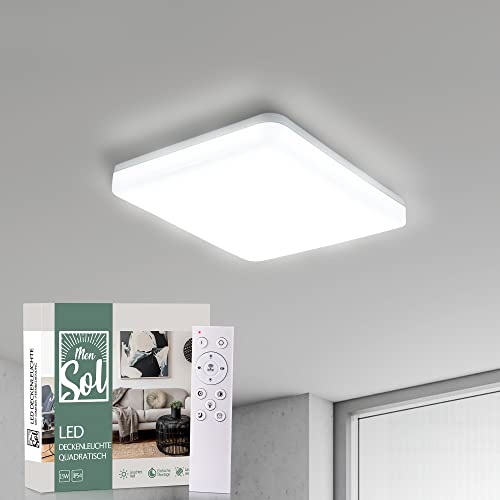 MenSol - LED Deckenleuchte dimmbar mit Fernbedienung quadratisch 22x22cm (Panel) - Deckenlampe warmweiss für Flur, Küche & Schlafzimmer - Badezimmer-Lampe Deckenbeleuchtung flach - Bad-Lampe Decke 15W von MenSol