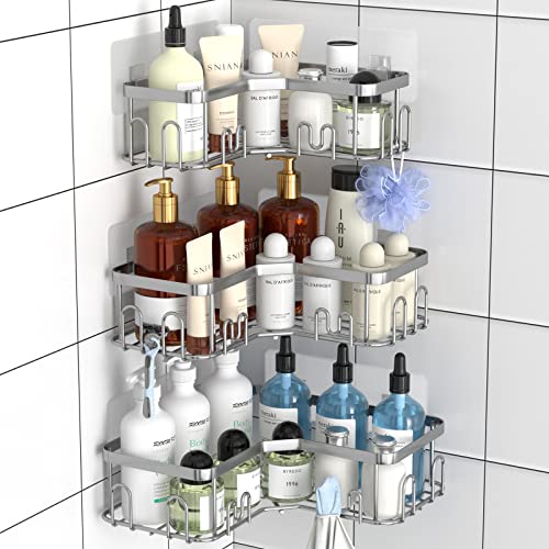 Menbyci 3 StüCk Duschablage Ohne Bohren Ecke, BadzubehöR Ohne Bohren, Shampoo Halterung FüR Dusche, Eckregal Badewanne, Ablage Dusche Dusch Organizer FüR Badezimmer Dusche Aufbewahrung (Silber) von Menbyci