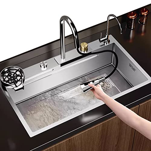 Edelstahlspüle Silberne Küchenspüle Große Spüle Wasserfall-Wasserhahn Hochdruck-Tassenspüler Abfluss Mit Knopfsteuerung (S : 75x45x21cm) von Meng Wei shop