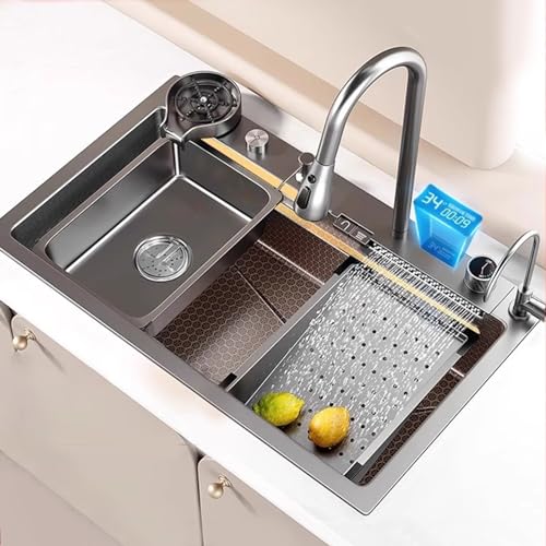 Graue Edelstahlspüle Küchenspüle Mit Wasserfallhahn Einzelbeckenspüle Wassertemperaturanzeige Komplettes Zubehör (S : 80x45cm) von Meng Wei shop
