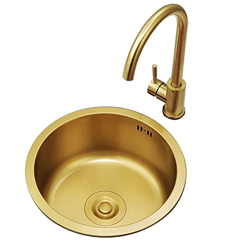 Runde Küchenspüle Goldene Spüle Edelstahlspüle Mit Goldenem Wasserhahn Barspüle Komplettes Zubehör (S : 36x36x19cm) von Meng Wei shop