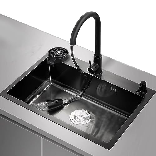 Schwarze Küchenspüle Mit Tassenspüler Edelstahlspüle Einzelbeckenspüle Ausziehbarer Wasserhahn Komplettes Zubehör (S : 50x45x20cm) von Meng Wei shop