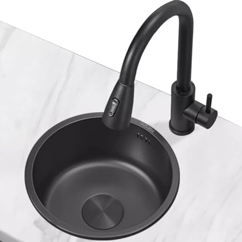 Schwarzes Rundes Waschbecken Edelstahlspüle, Einbauspüle Barspüle Ausziehbarer Wasserhahn Kleines Balkonwaschbecken (S : 36 * 36 * 18.0cm) von Meng Wei shop