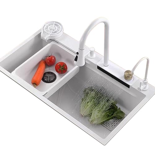 Weißes Edelstahlspülbecken Küchenspüle Weißer Wasserfallhahn Einzelbeckenspüle Mit Seifenspender Komplettes Zubehör (S : 80X45X23CM) von Meng Wei shop