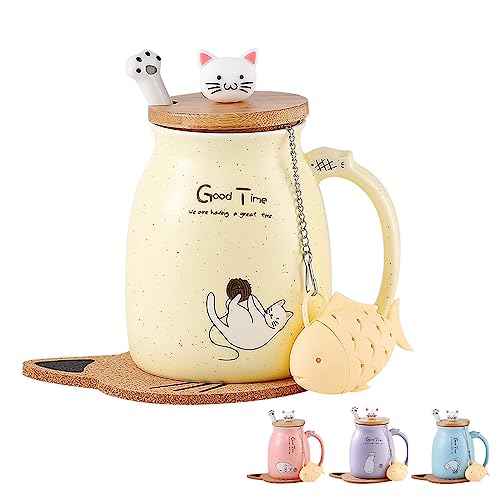 Katzen-Tasse Süße Keramik Kaffeetasse mit deckel,Edelstahl Löffel, Neuheit Morgen Cup Tee Milch Weihnachten Becher Geschenk Teetasse mit Deckel und Sieb Geschenke für Frauen 380ML(Gelb) von MengCat