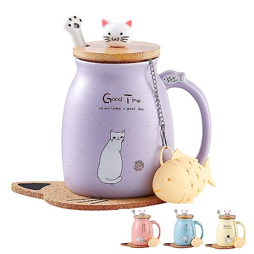 Katzen-Tasse Süße Keramik Kaffeetasse mit deckel,Edelstahl Löffel, Neuheit Morgen Cup Tee Milch Weihnachten Becher Geschenk Teetasse mit Deckel und Sieb Geschenke für Frauen 380ML von MengCat