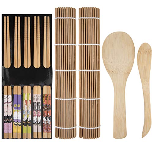 MengH-SHOP Bambus Sushi Kit Sushi-Zubehör Enthält Sushi Rollmatten Essstäbchen Reispaddel Reisstreuer für Köche Anfänger DIY 9 Stück von MengH-SHOP