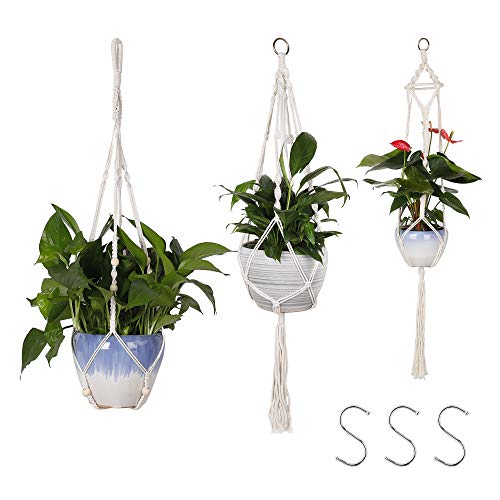 MengH-SHOP Blumenampel Makramee Baumwollseil Pflanzenhänger Weiß Blumenampel Pflanzenhalter mit Hängenden Haken für Innen Außen Dekoration 3 Stück von MengH-SHOP