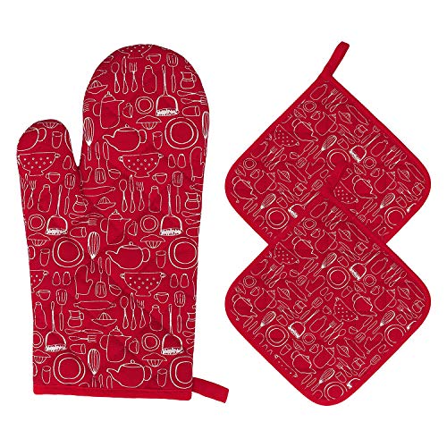 Ofenhandschuhe und Topflappen Set Backhandschuhe Hitzebestaendig 1Topfhandschuhe und 2 Topflappen Kochhandschuhe für Küche Kochen Backen BBQ Grillen 3 Stück (Rot) von MengH-SHOP