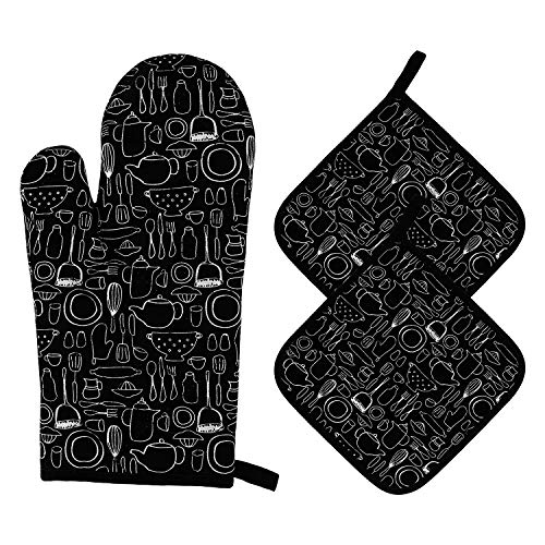 Ofenhandschuhe und Topflappen Set Backhandschuhe Hitzebestaendig 1Topfhandschuhe und 2 Topflappen Kochhandschuhe für Küche Kochen Backen BBQ Grillen 3 Stück (Schwarz) von MengH-SHOP