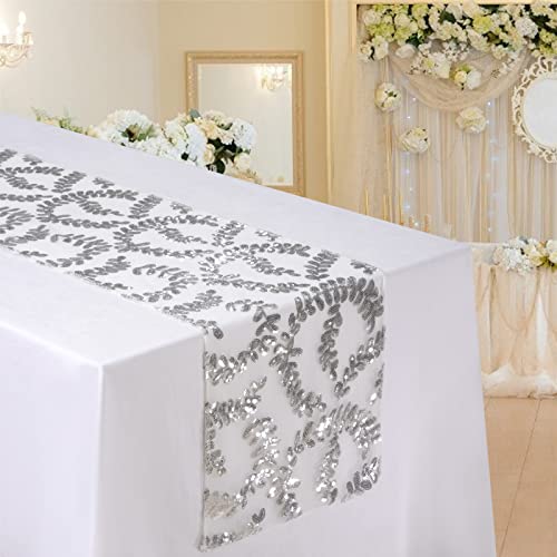 MengH-SHOP Tischläufer Pailletten Silber Blätter Muster Tischdecken Tischfahne Dekoration für Party Hochzeit Geburtstag Baby Duschen 30 * 280cm von MengH-SHOP