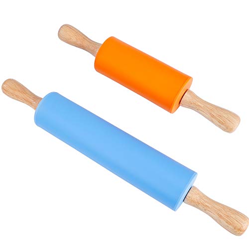 Silikon-Teigroller Antihaft-Oberfläche Nudelholz Mittel- und Minigröße Holzgriff Nudelhölzer für Backen Pizza Kekse 2 Stück (Blau & Orange) von MengH-SHOP