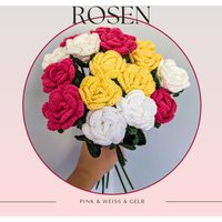Rosen Häkelblumen Set Gelb Weiße Rote Handgefertigte Blumenstrauß Valentinstagsgeschenk Bouquet Immergrün Blumen Für Immer von MengcraftCrochet