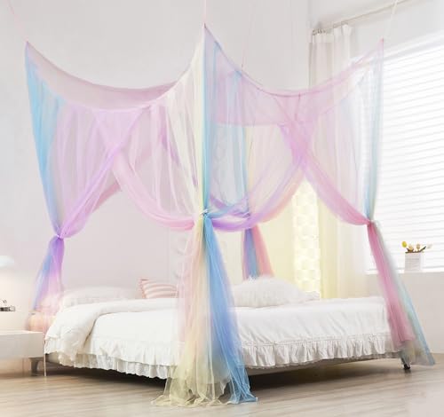 Mengersi Regenbogen-Baldachin, Bettvorhang, Moskitonetz für Betthimmel, vier Eckpfosten, elegantes Bettnetz, Fliegengitter, Baldachin-Vorhänge für King-Size-Bett Mengersi Regenbogen-Baldachin, Bettvorhang, Moskitonetz für Betthimmel, vier Eckpfosten, elegantes Bettnetz, Fliegengitter, Baldachin-Vorhänge für King-Size-Bett von Mengersi