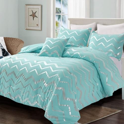 Menghomeus Aqua-Bettwäsche-Set, Queen-Size-Größe, metallisches Blaugrün und Silber, 4-teilig, weiche Mikrofaser, Weihnachtsbettwäsche für Teenager, Mädchen, Frauen (2 Kissenbezüge + 1 dekorativer von Menghomeus