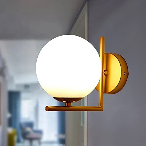 E27 modern Industrielle Wandleuchte,Retro Wandleuchten mit milchig Glaskugel (15cm),Globe Wandleuchte Geeignet Flur Wohnzimmer Nachttisch Restaurant Studie Gang Schrank Cafe Loft (Gold) von Mengjay