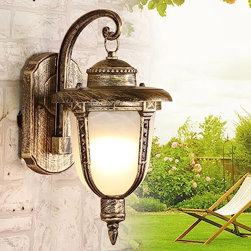 Mengjay Antike Wandleuchte Außen E27 in Antik Metall Rustikale Außenlampe Balkon Rustikale Glas Wandlampe Retro Metall Wandleuchte Außenwandleuchte Gartenlampe Hoflampe Eingangs Außen-Wandleuchte (B) von Mengjay