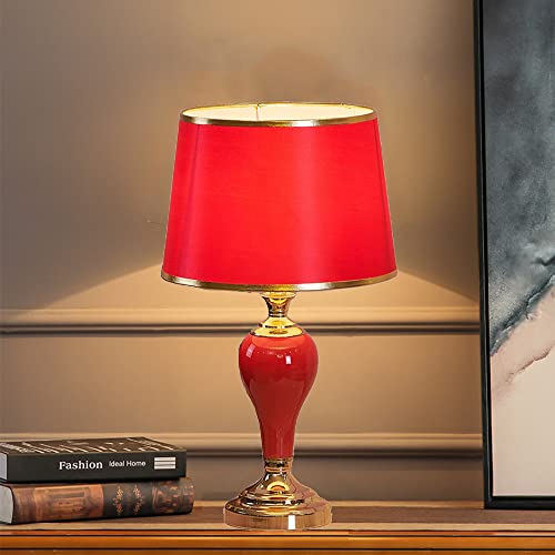 Mengjay Chinesische Keramik Tischlampe Schlafzimmer Lichtdekoration Schreibtischleuchten, Luxus Nachttischlampe E27 Lampenschirm Tischleuchte für Wohnzimmer Schlafzimmer Studie Grün Blau Rot (D) von Mengjay