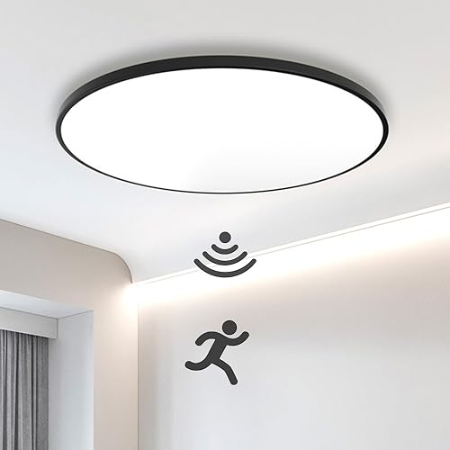 Mengjay Deckenlampe Bewegungssensor Innen mit 120°Sensor lampe Rund 6000K,LED Deckenleuchte mit Bewegungssensor,Modern Panel Lampe Flurlampe Balkon Bad Garage Deckenbeleuchtung (18W, Schwarz) von Mengjay