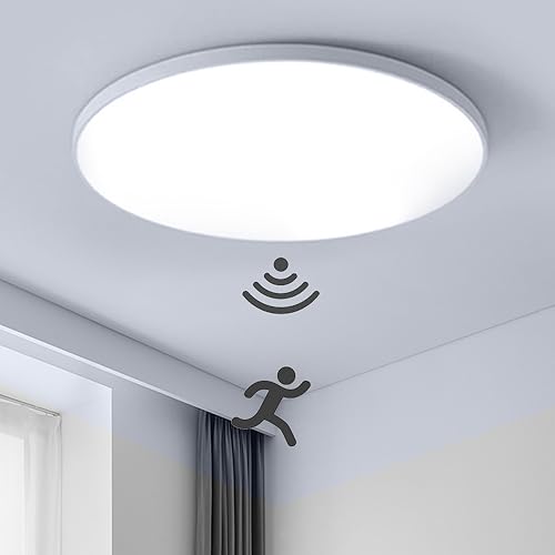 Mengjay Deckenlampe Bewegungssensor Innen mit 120°Sensor lampe Rund 6000K,LED Deckenleuchte mit Bewegungssensor,Modern Panel Lampe Flurlampe Balkon Bad Garage Deckenbeleuchtung (18W, Weiß) von Mengjay