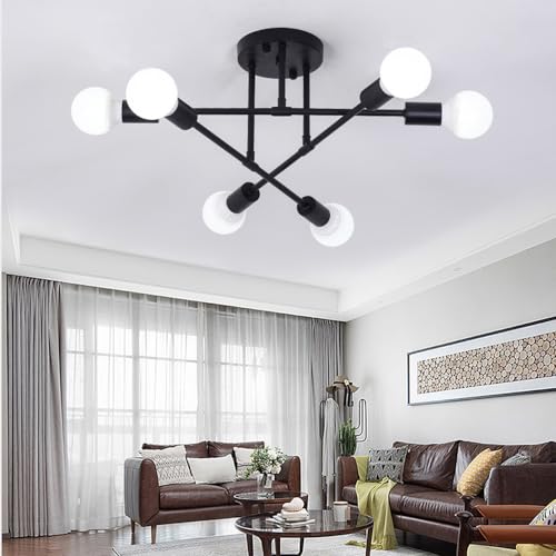 Mengjay Deckenlampe Vintage Deckenleuchte Wohnzimmer E27 Retro Schlafzimmerlampe 6 Flammig Kronleuchter Esstischlampe Industriell Rustikal Stil Beleuchtung (Schwarz) von Mengjay