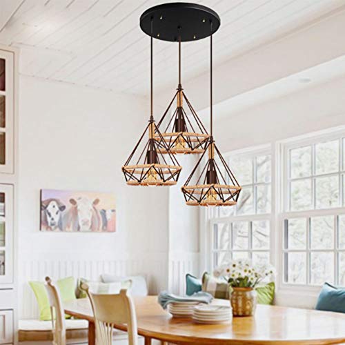 Mengjay Diamantform Eisenkäfig Hängelampe Deckenleuchten Hängelampe Vintage Retro Pendelleuchte Industriebeleuchtung Hanfseil Loft Licht E27 Durchmesser 25 cm Industrie Seil Hängeleuchte von Mengjay