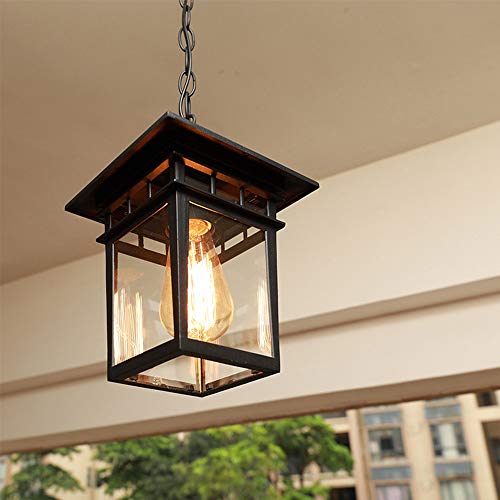 Mengjay E27 LED Outdoor Höhenverstellbar Pendellampe Retro Außen/Innen Hängeleuchte Schwarz Wasserdichter Metall Glas Lampenschirm Pendelleuchte für Garten Eingang Flur Balkon Pavillon Villa pendant von Mengjay