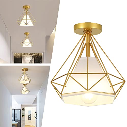 Mengjay E27 Vintage Deckenleuchten, Retro Lampenfassung Leuchtmittel Metall Lampenschirm Deckenlampe Semi-Flush Mount Pendelleuchte Moderne Deckenleuchte für Loft Restaurant Coffee Bar (Golden) von Mengjay