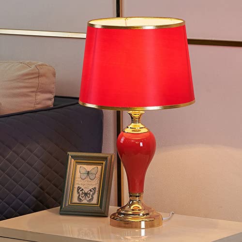 Mengjay Keramik Tischlampe Schlafzimmer Nachttisch Lichtdekoration Schreibtischleuchten,E27 Nachttischlampe Rot Tischleuchte,Moderne Wohnzimmerlampe aus Stoff,Lampe mit Schalter von Mengjay