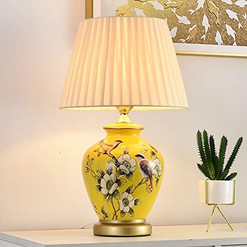 Mengjay Keramik Tischlampe Tischleuchte Nachttischlampe,Nachttisch Lichtdekoration Schreibtischleuchten,Lampenschirm aus Stoff,Fensterbank lampe Leselampe Wohnzimmer Tischlampe (Gelb) von Mengjay