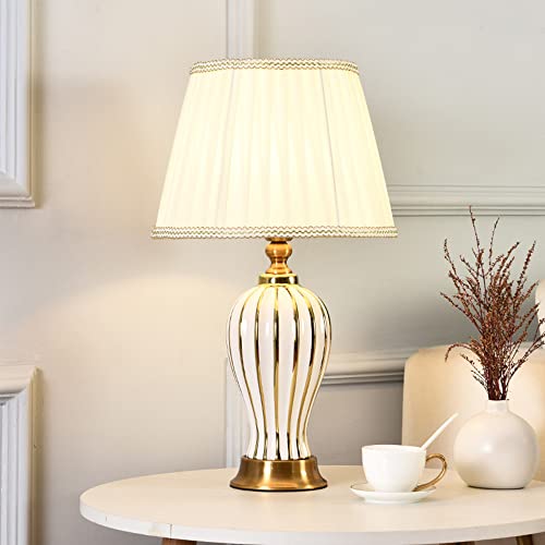 Mengjay Keramik Tischlampe Tischleuchte Nachttischlampe,Nachttisch Lichtdekoration aus Stoff E27 Tischleuchte Lampenschirm Tischleuchte für Wohnzimmer Schlafzimmer Leselampe (Weiß) von Mengjay