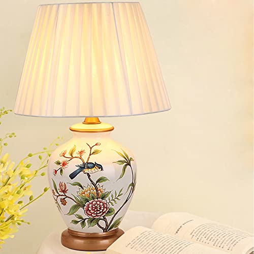 Mengjay Klassische Vintage Art Keramik Tischlampe, Vase-Like-Tuch Lesebuch-Licht Schreibtischlampe Porzellan-Antike Blumen verzierte Nacht Birne Beistelltisch Dresser (B) von Mengjay