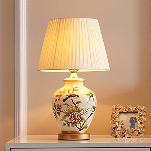 Mengjay Klassische Vintage Art Keramik Tischlampe, Vase-Like-Tuch Lesebuch-Licht Schreibtischlampe Porzellan-Antike Blumen verzierte Nacht Birne Beistelltisch Dresser E27 (Weiß) von Mengjay