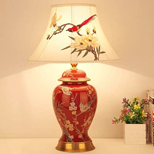 Mengjay Klassische Vintage Art Keramik Tischlampe, Vase-Like-Tuch Lesebuch-Licht Schreibtischlampe Porzellan-Antike Blumen verzierte Nacht Birne Beistelltisch Dresser Schlafzimmer/Wohnzimmer (Rot) von Mengjay