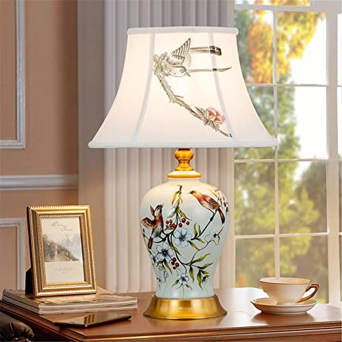 Mengjay Klassische Vintage Art Keramik Tischlampe, Vase-Like-Tuch Lesebuch-Licht Schreibtischlampe Porzellan-Antike Blumen verzierte Nacht Birne Beistelltisch Dresser Schlafzimmer/Wohnzimmer von Mengjay